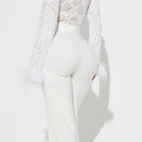 Fashion Nova White Sequin Feather Trim Jumpsuit – Size Medium - Picture 4 of 4